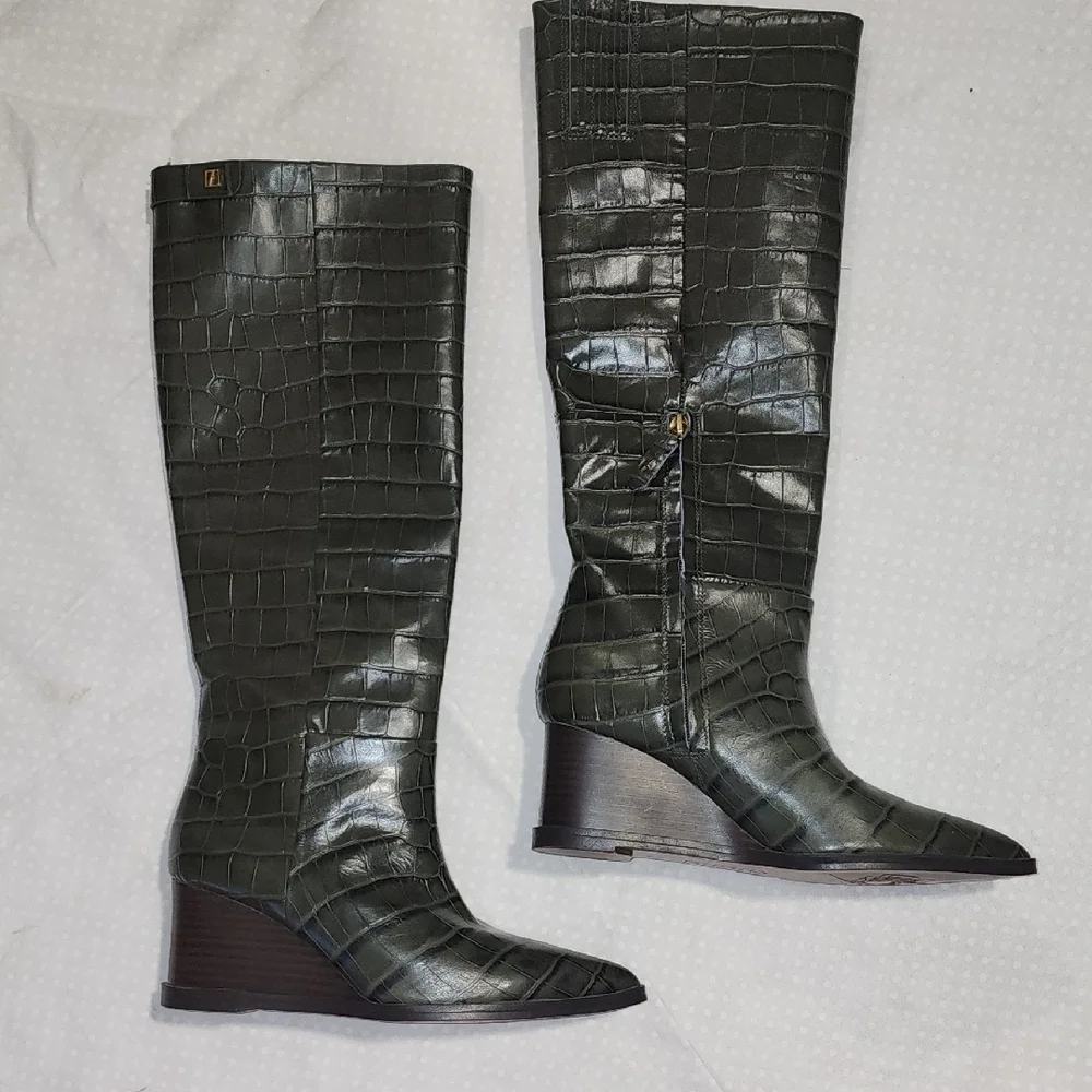 Franco Sarto Green Wedge Boots with Croc Texture